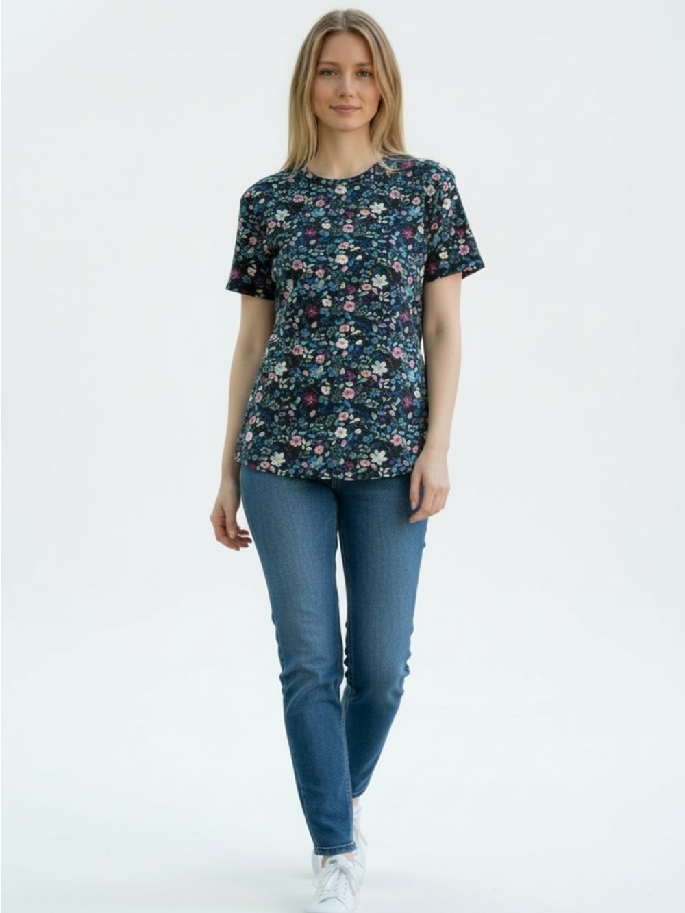 NWT Lux Tee Express Navy Floral Tee with Pink, Purple & Blue Blooms - Picture 2 of 3